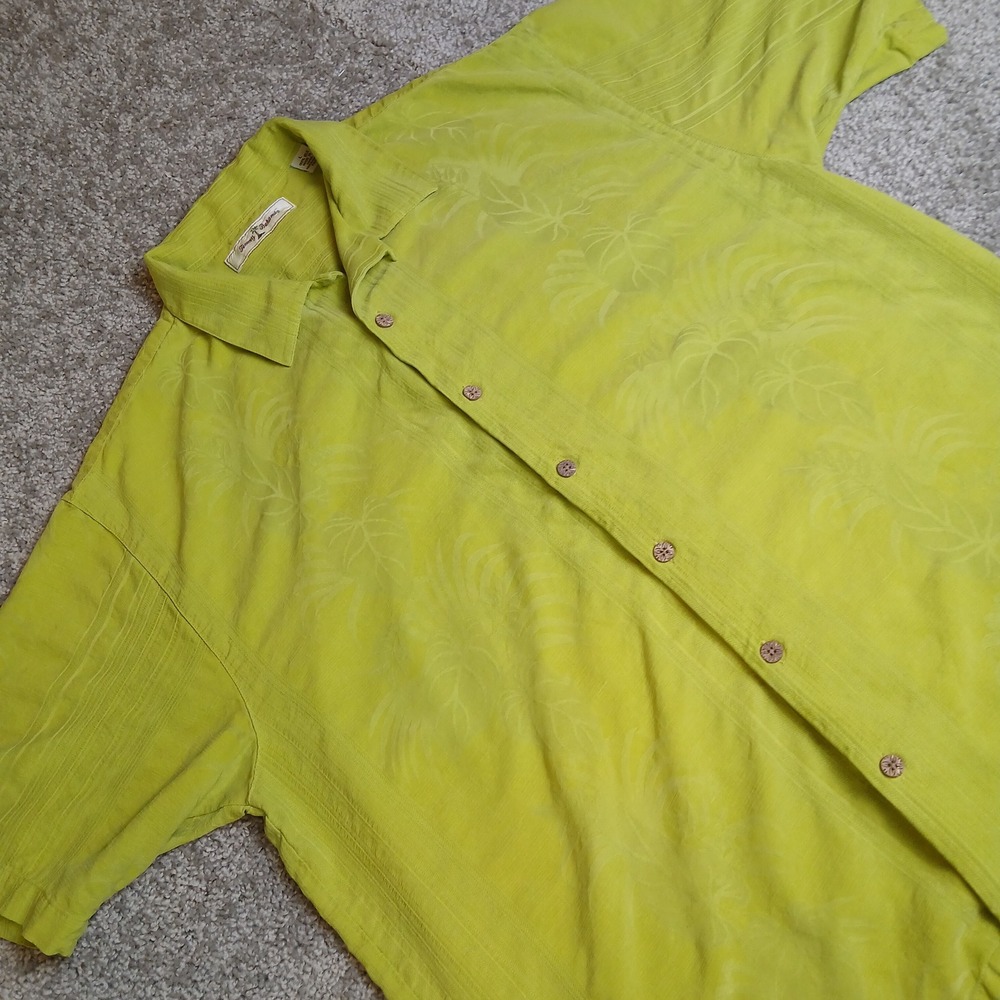 Tommy Bahama Mens Large 100% Silk Lime Green Tropical Jacquard Camp Shirt